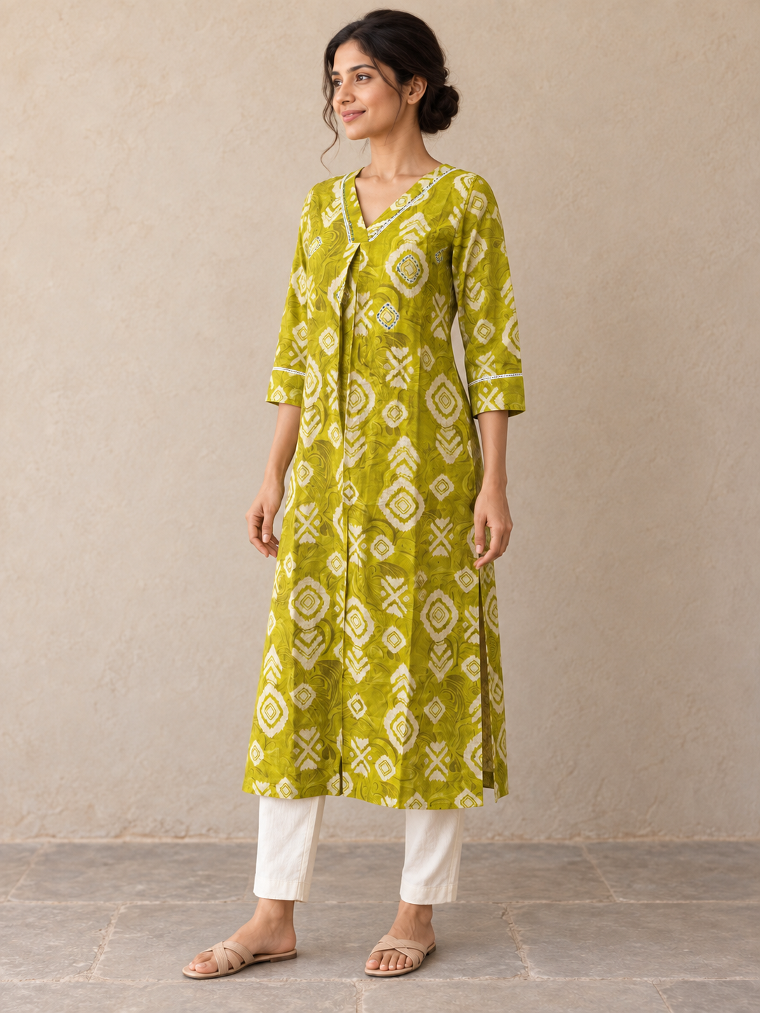 Green Viscose Blend Geometric Printed Kurti - Image 3