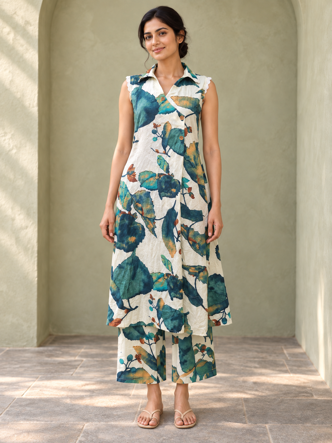 Peachmode Beige Pure Cotton Botanical Printed Top Bottom Set - Image 2