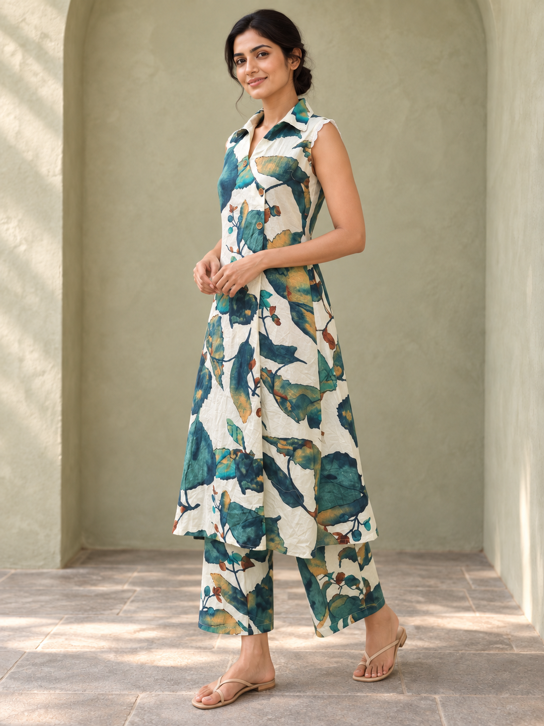 Peachmode Beige Pure Cotton Botanical Printed Top Bottom Set - Image 3