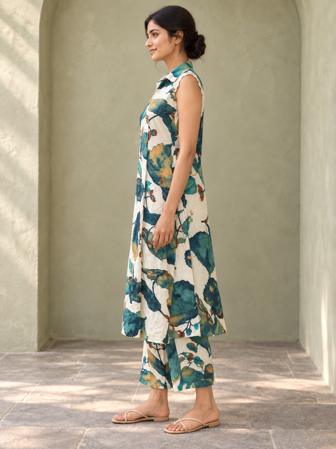 Peachmode Beige Pure Cotton Botanical Printed Top Bottom Set - Image 5