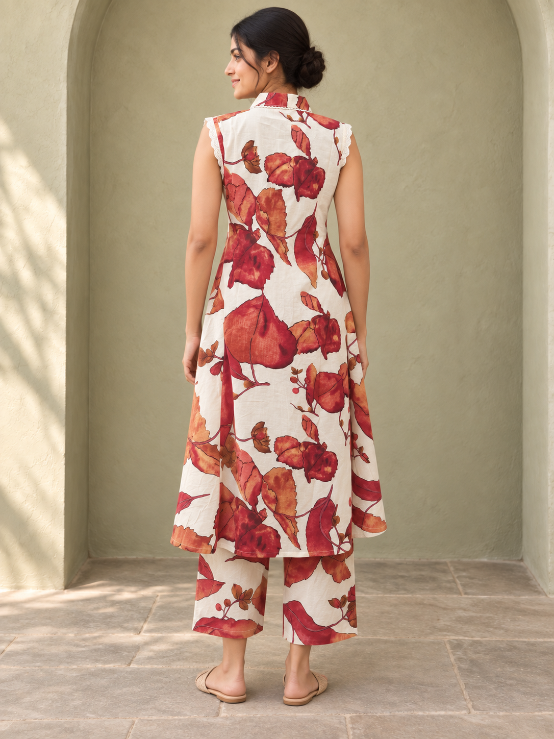 Peachmode Cream Pure Cotton Floral Printed Top Bottom Set - Image 4
