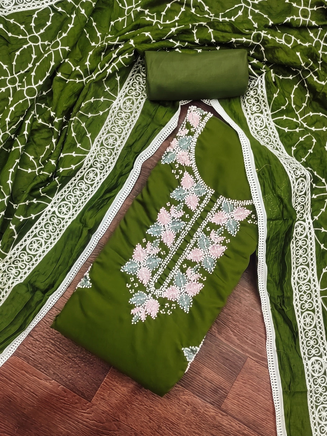 Olive Roman Silk Embroidered Unstitched Dress Material - Image 1