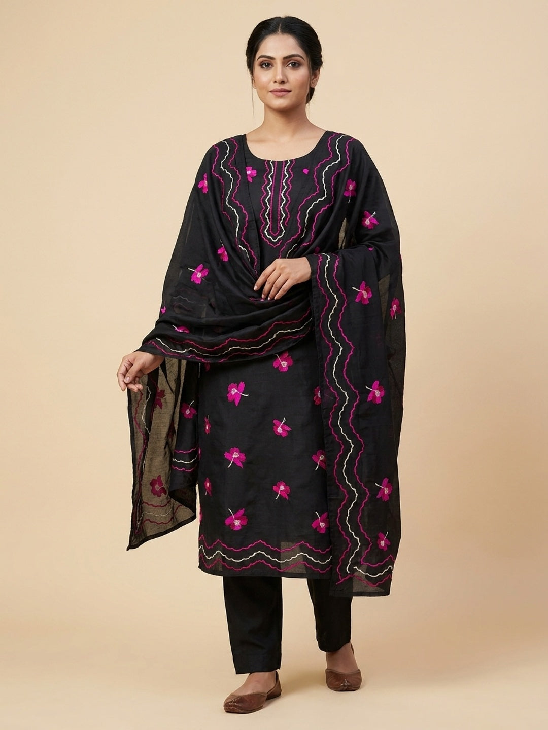 Peachmode Black Pink Floral Embroidered Silk Blend Dress Material - Image 2