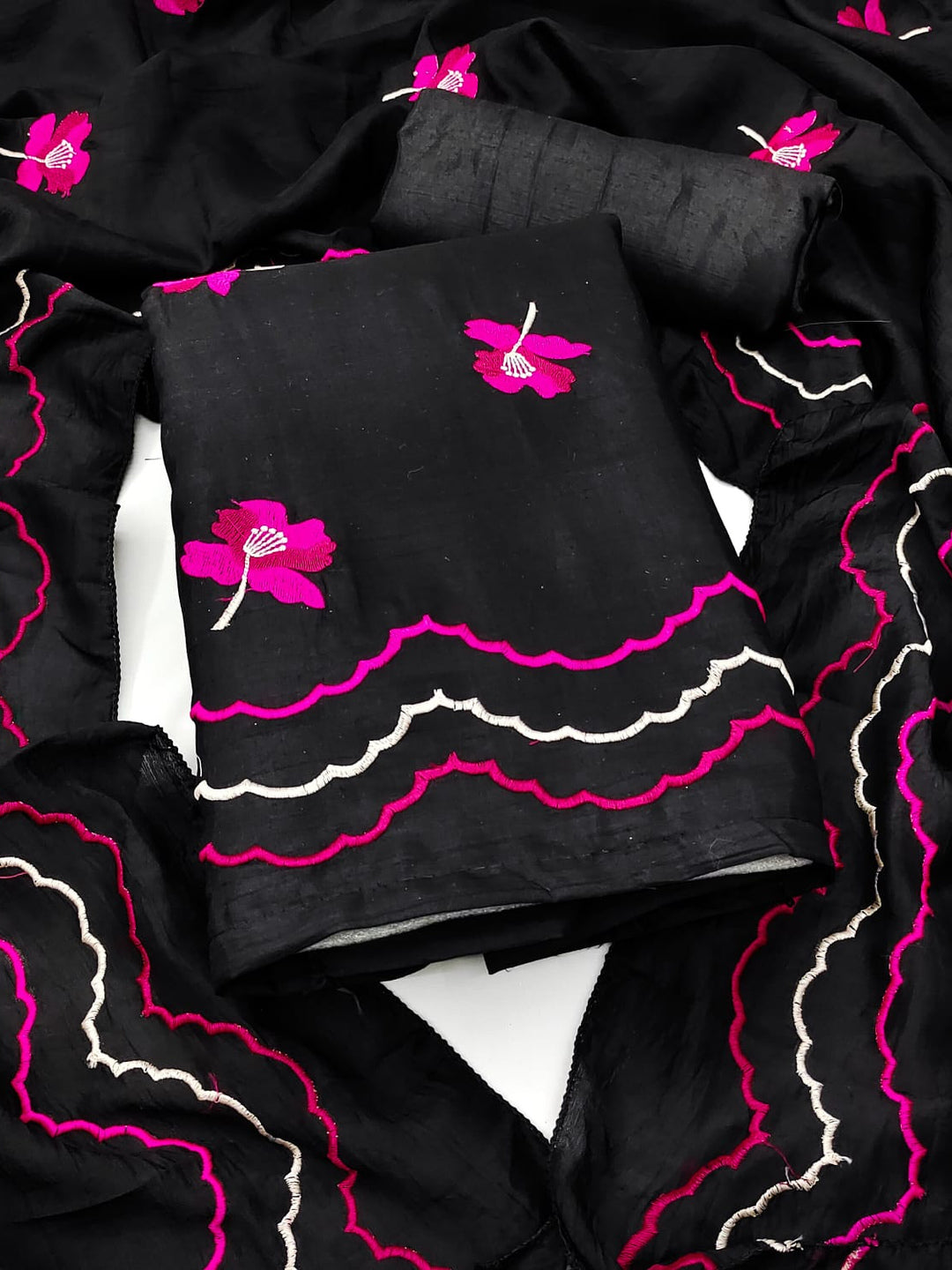 Peachmode Black Pink Floral Embroidered Silk Blend Dress Material - Image 1