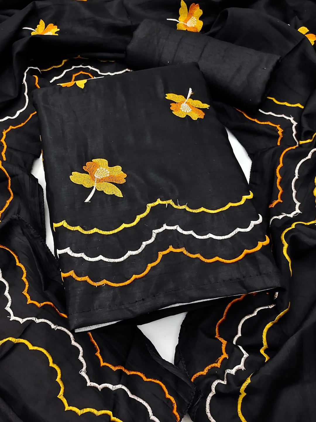 Peachmode Black Mustard Floral Embroidered Silk Blend Dress Material - Image 1