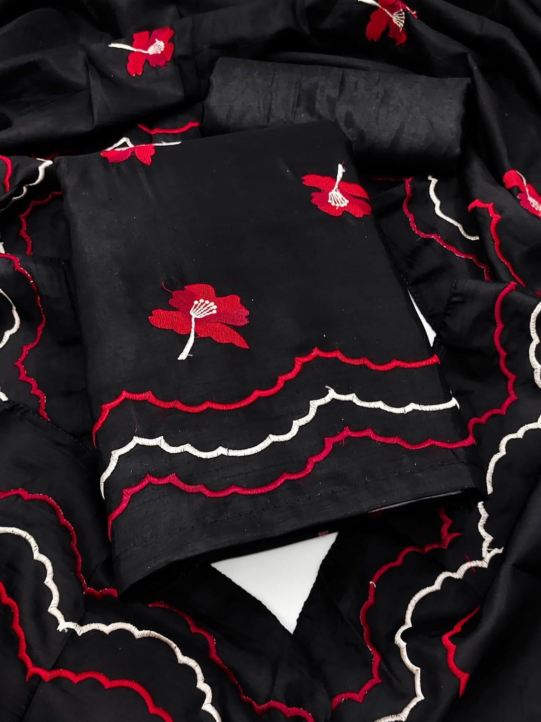 Peachmode Black Red Floral Embroidered Silk Blend Dress Material - Image 1