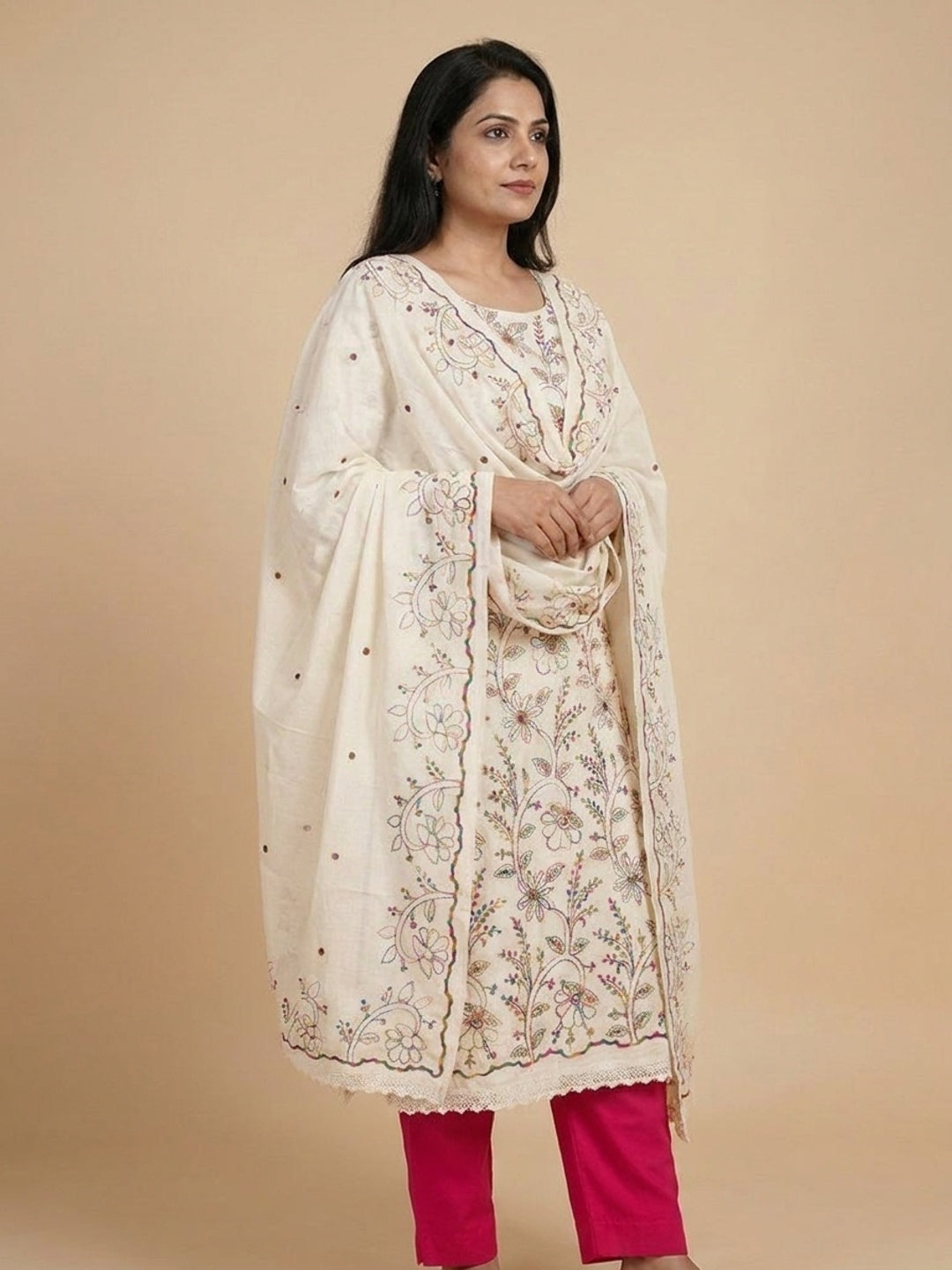 Peachmode Cream Pink Floral Embroidered Cotton Dress Material - Image 5