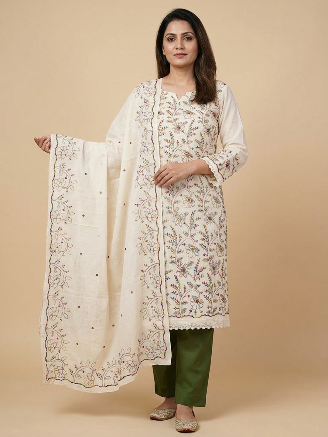Peachmode Cream Olive Floral Embroidered Cotton Dress Material - Image 2