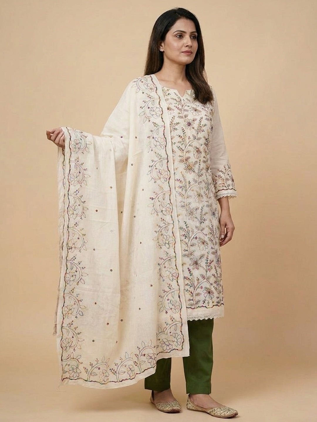 Peachmode Cream Olive Floral Embroidered Cotton Dress Material - Image 5