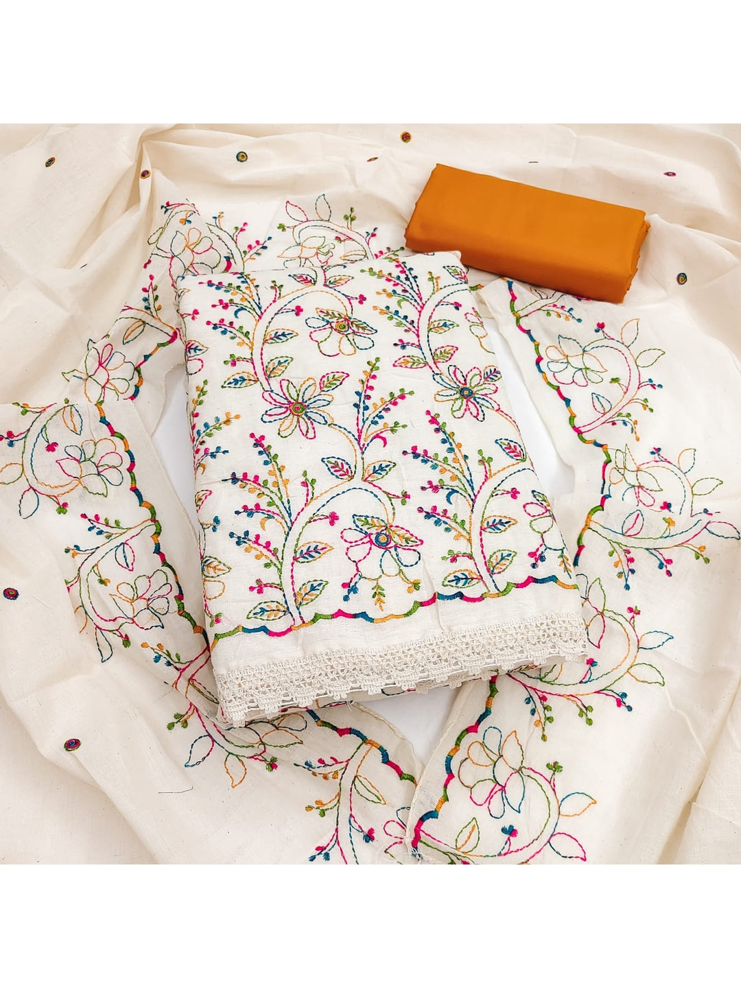Peachmode Cream Orange Floral Embroidered Cotton Dress Material - Image 4