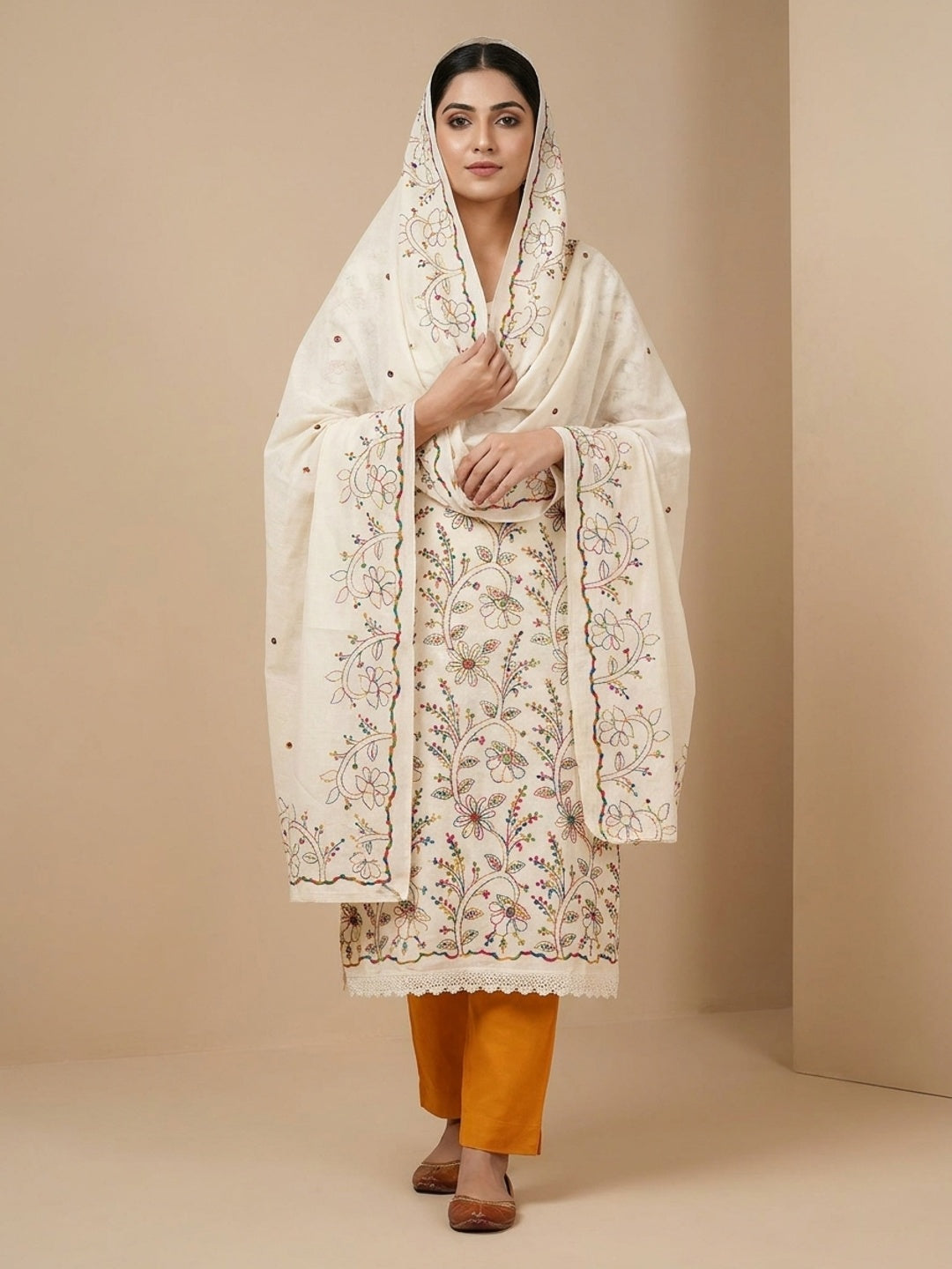 Peachmode Cream Orange Floral Embroidered Cotton Dress Material - Image 2