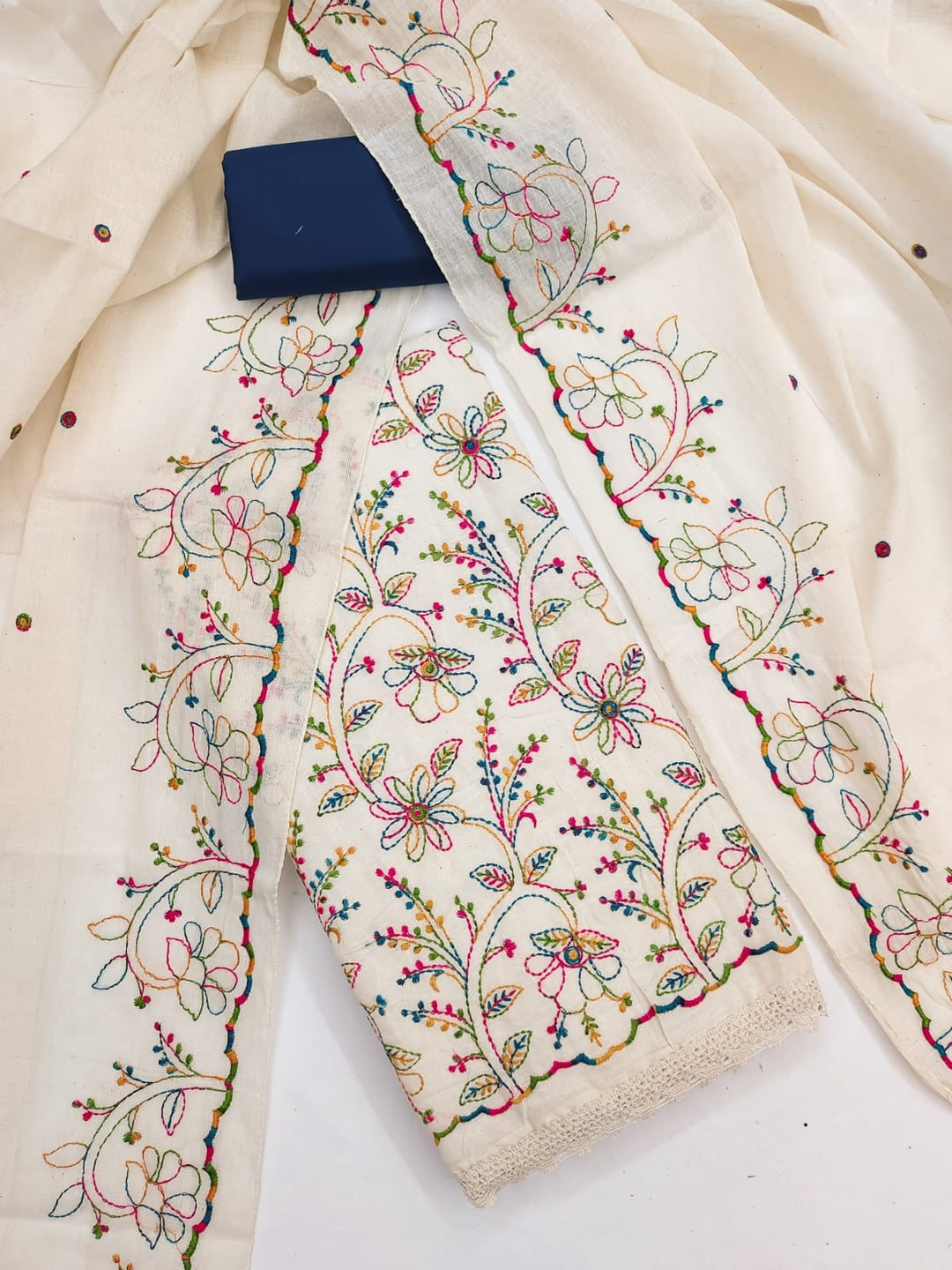 Peachmode Cream Navy Blue Floral Embroidered Cotton Dress Material - Image 1