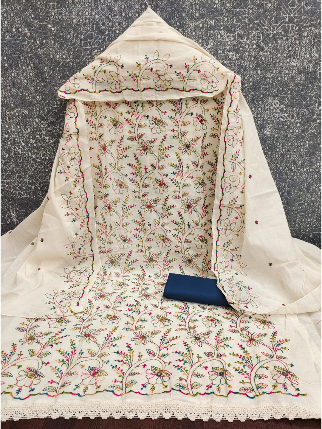 Peachmode Cream Navy Blue Floral Embroidered Cotton Dress Material - Image 3