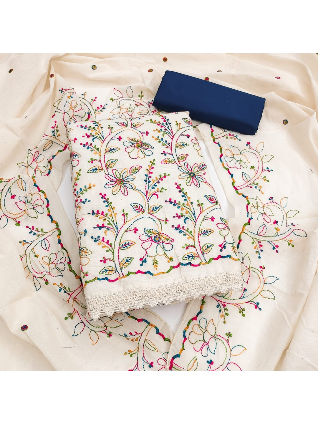 Peachmode Cream Navy Blue Floral Embroidered Cotton Dress Material - Image 4