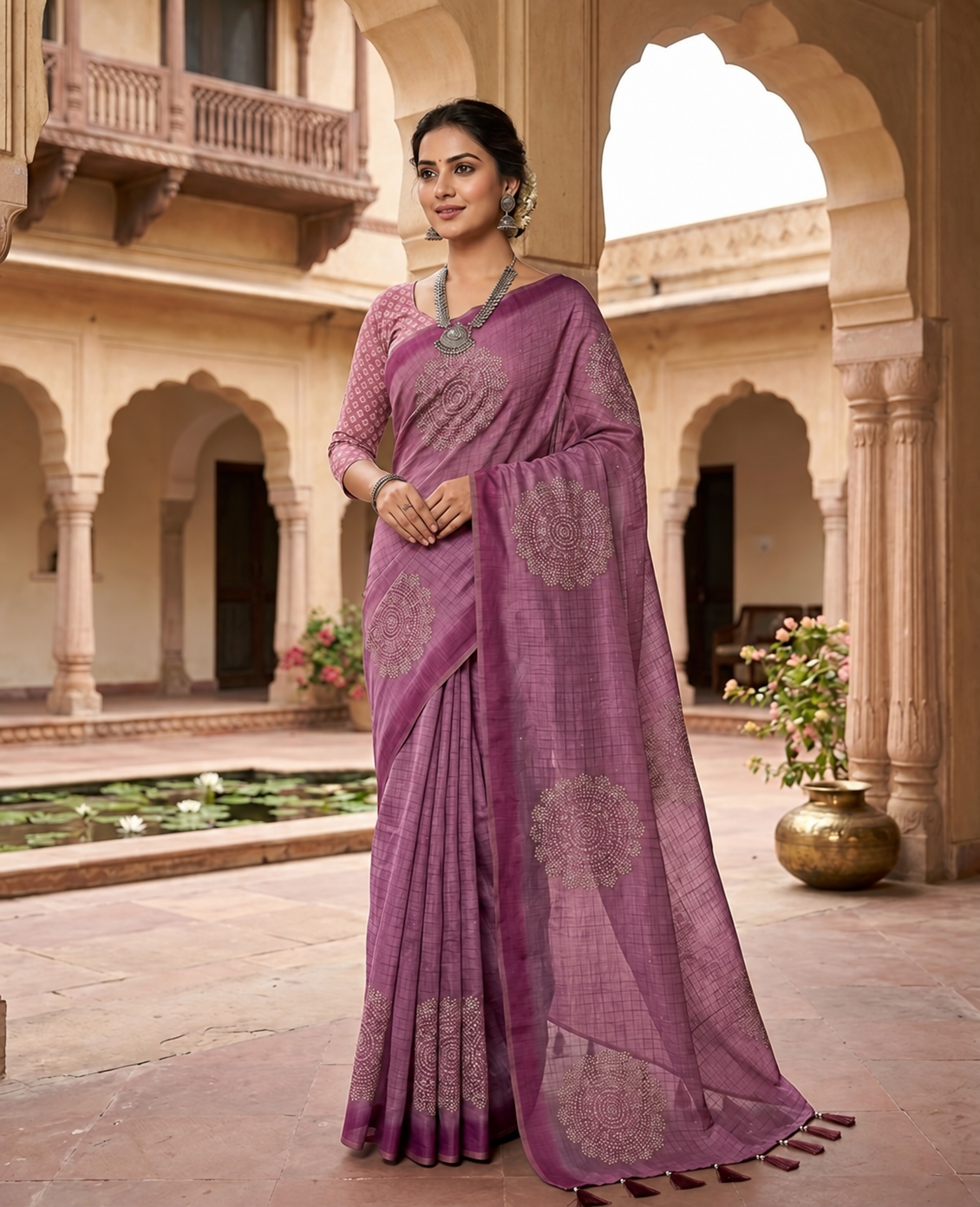 Peachmode Mauve Bandhani Mirror Work Linen Saree - Image 1