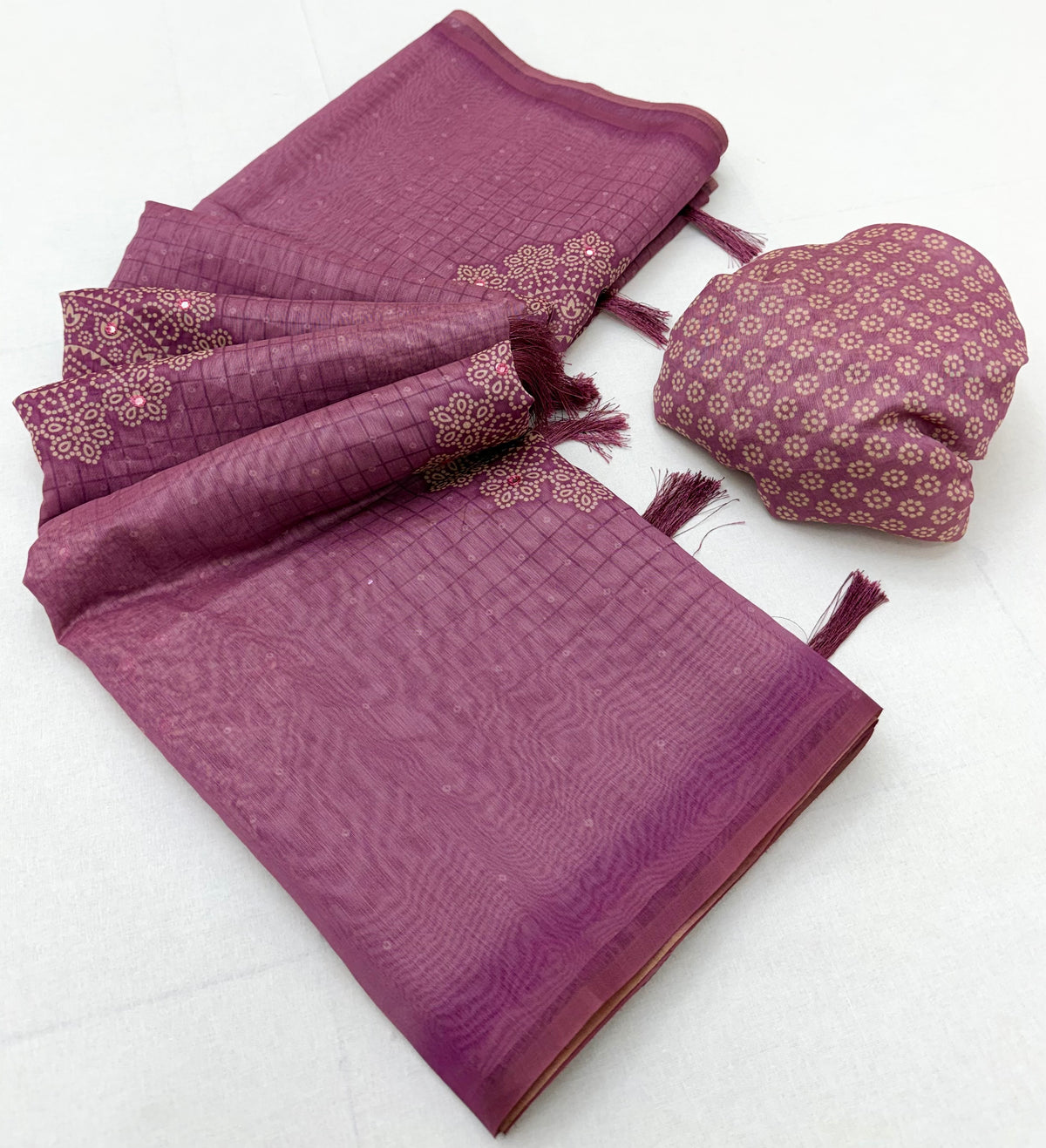 Peachmode Mauve Bandhani Mirror Work Linen Saree - Image 3