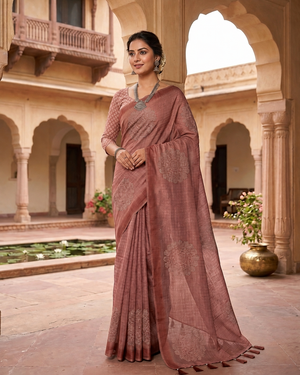 Peachmode Brown Bandhani Mirror Work Linen Saree - Image 1