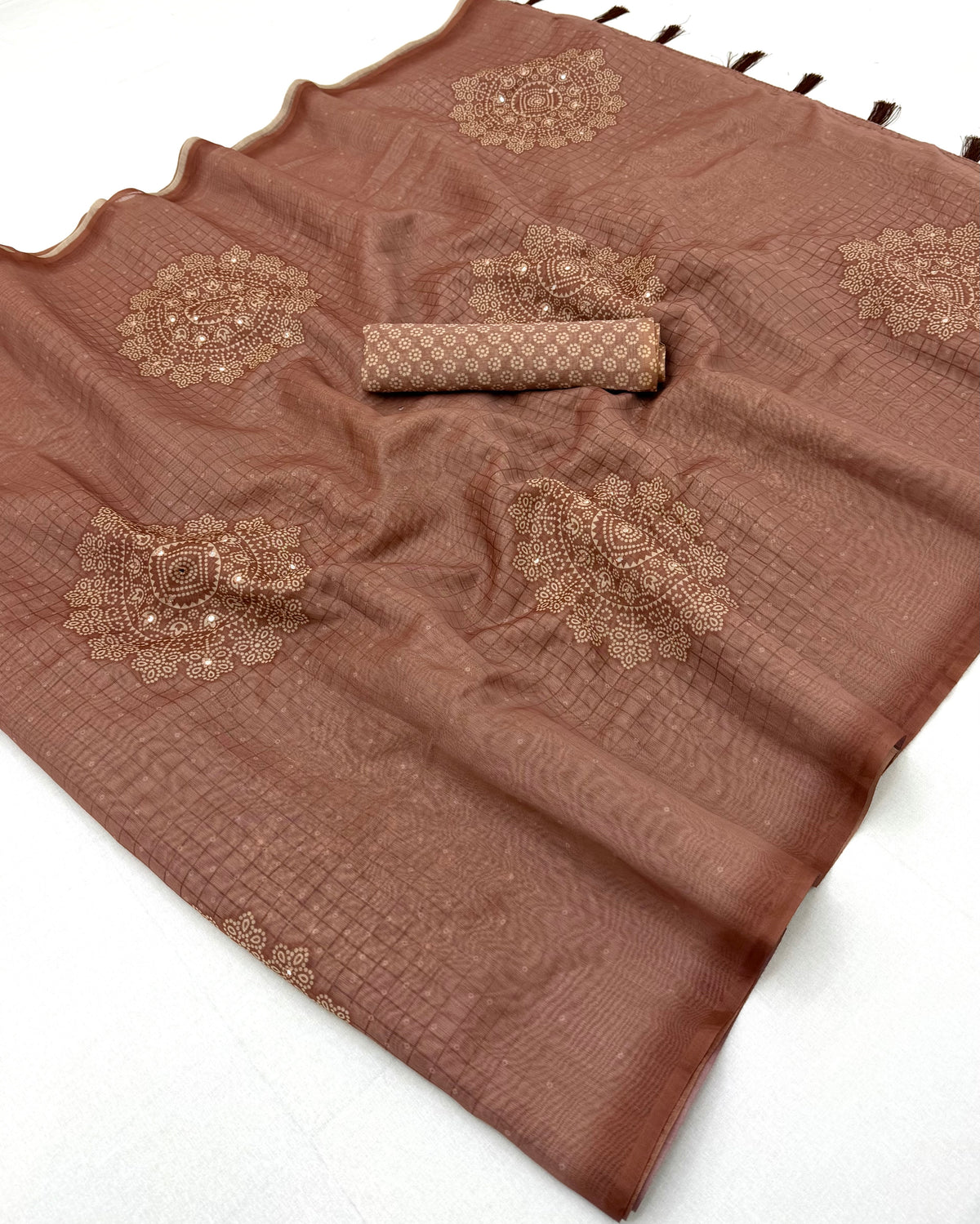 Peachmode Brown Bandhani Mirror Work Linen Saree - Image 2