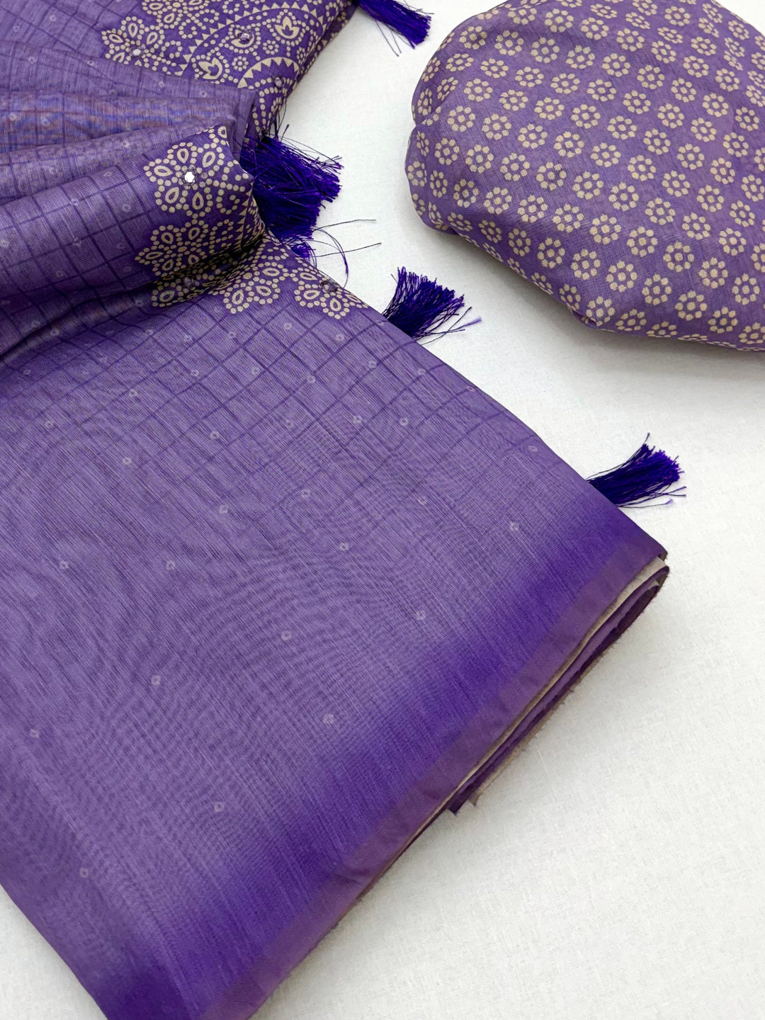 Peachmode Purple Bandhani Mirror Work Linen Saree - Image 5