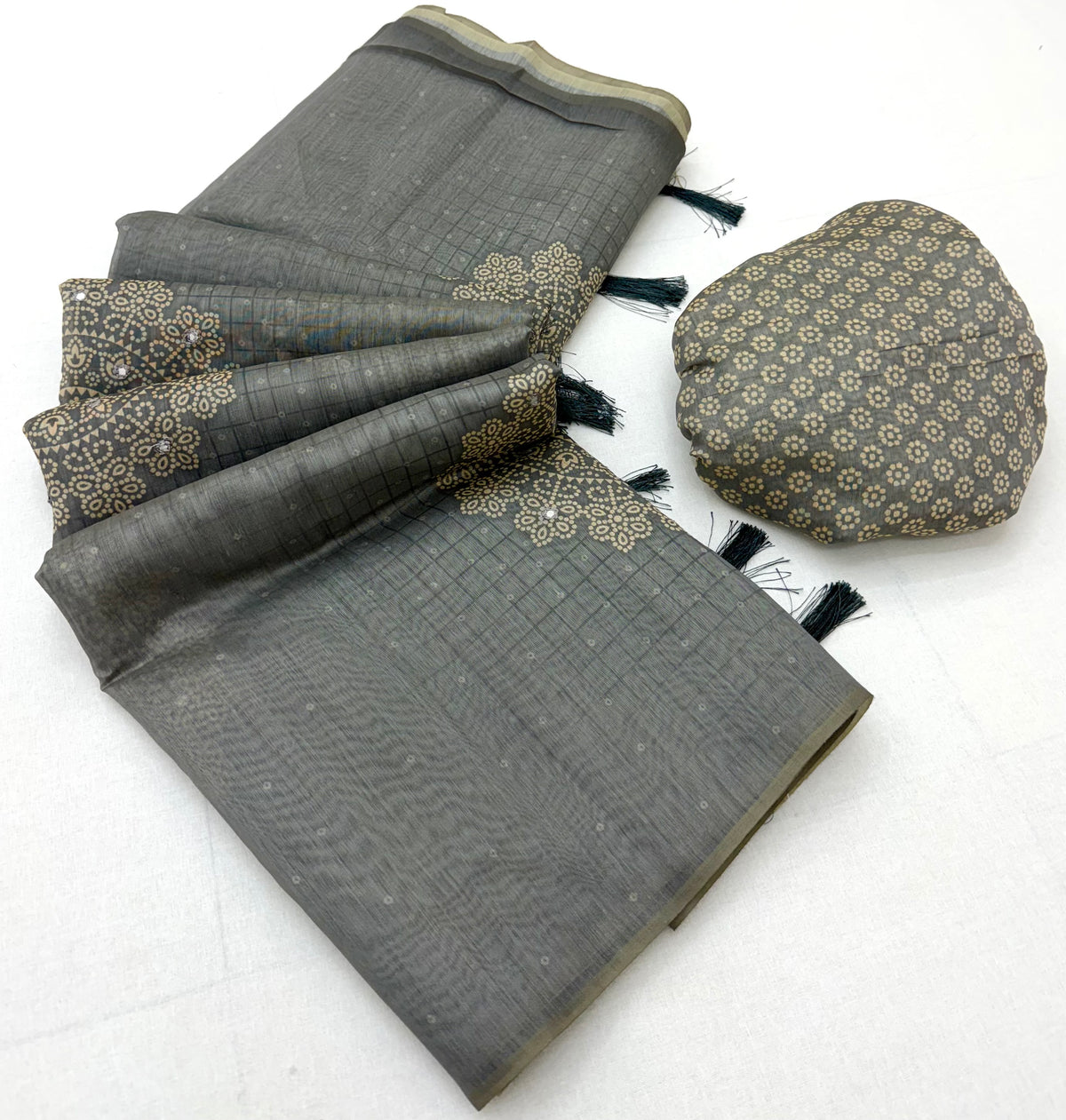 Peachmode Grey Bandhani Mirror Work Linen Saree - Image 2