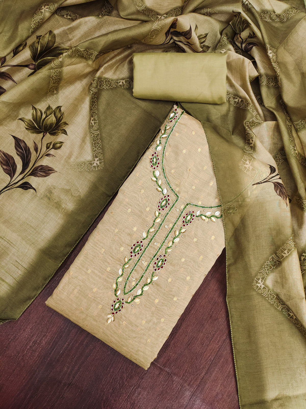 Peachmode Green Unstitched Dress Material - Image 1