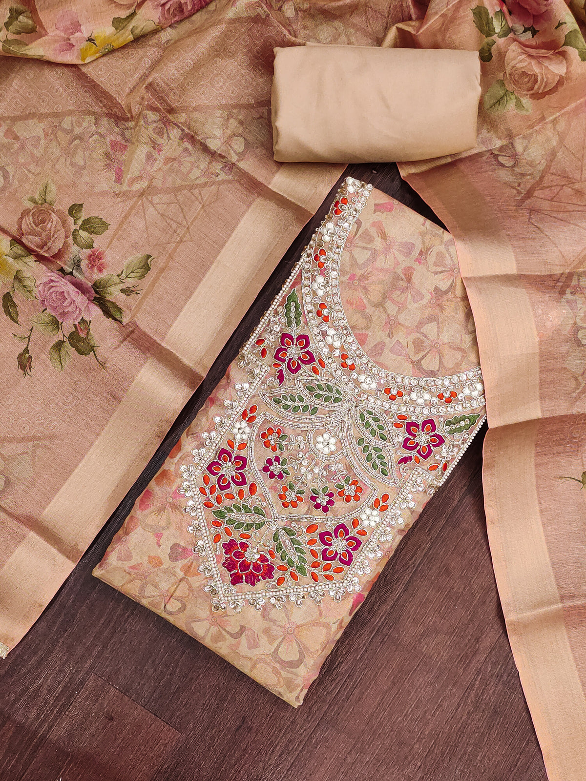 Peachmode Peach Unstitched Dress Material - Image 1