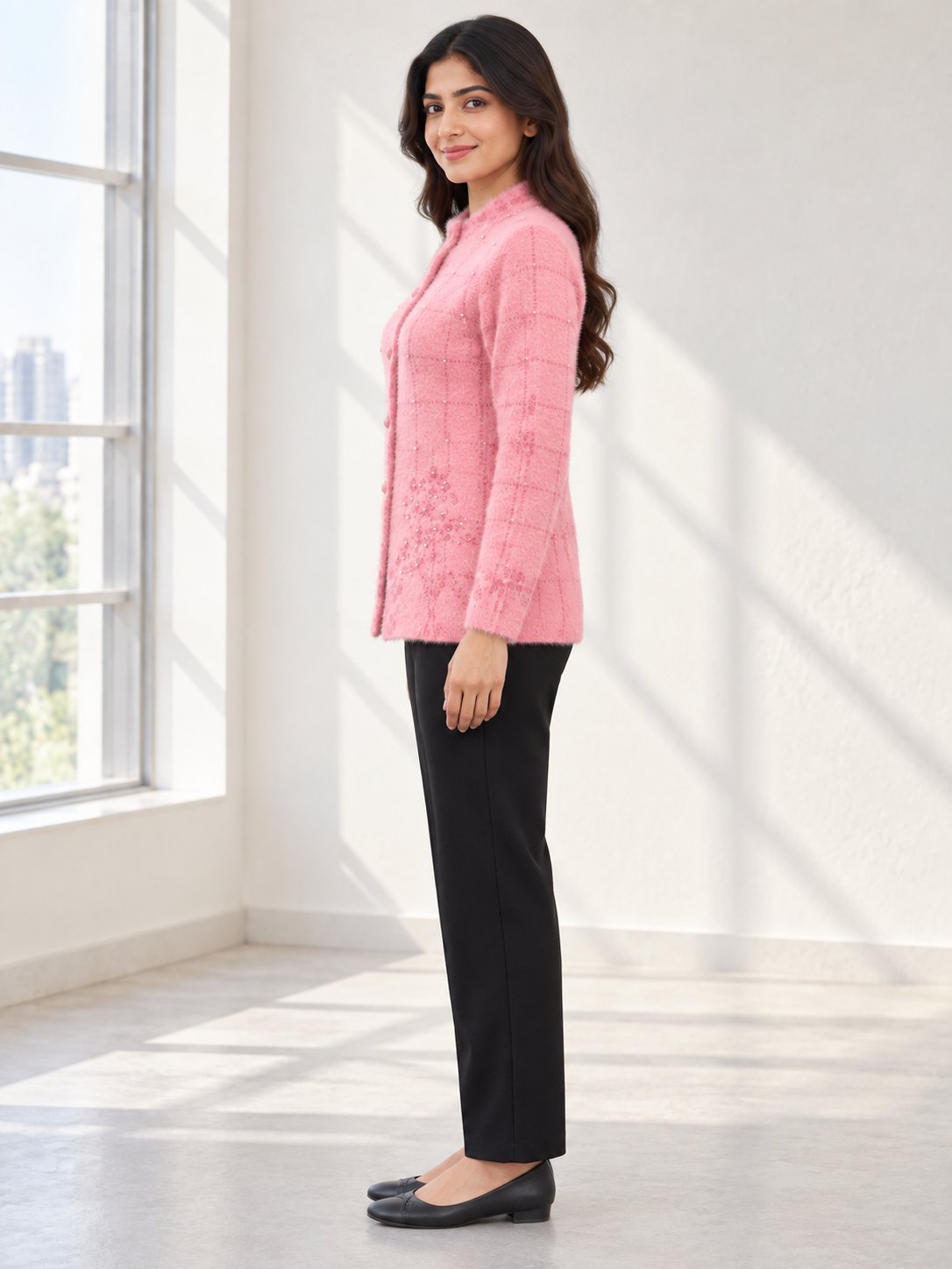 Peachmode Pink Wool Blend Cardigan - Image 3