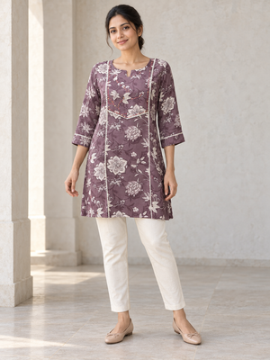 Peachmode Mauve Rayon Floral Printed Tunic - Image 1