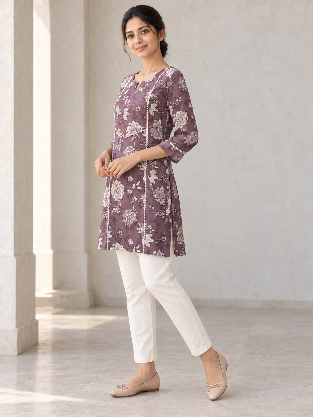 Peachmode Mauve Rayon Floral Printed Tunic - Image 3