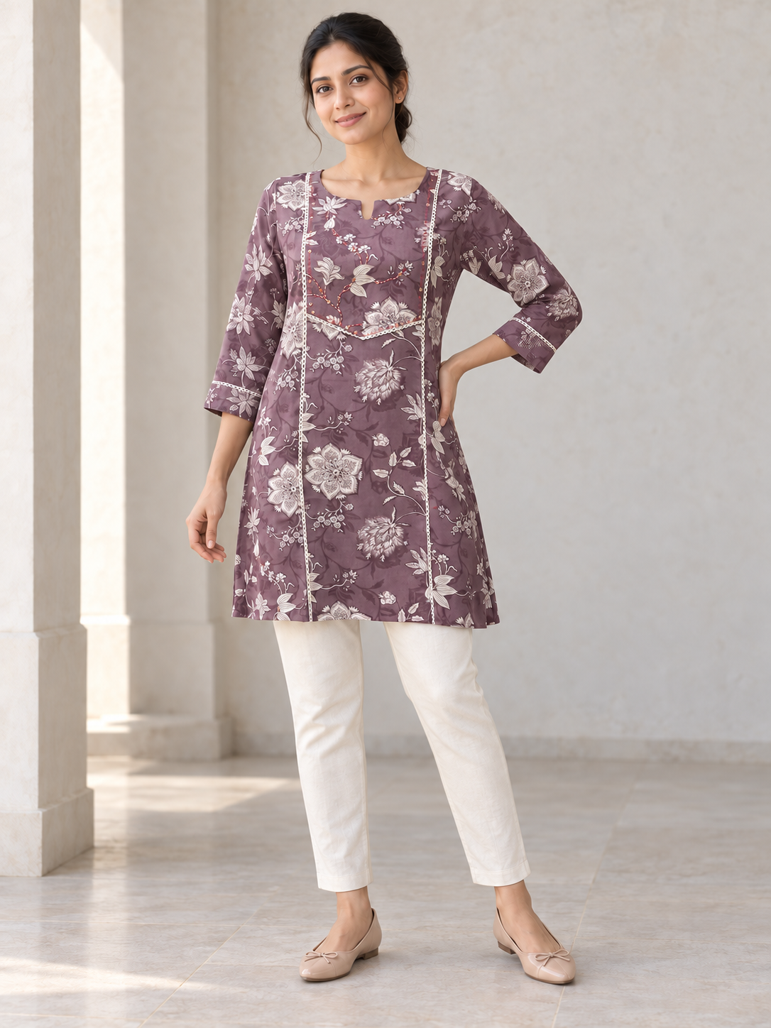 Peachmode Mauve Rayon Floral Printed Tunic - Image 5