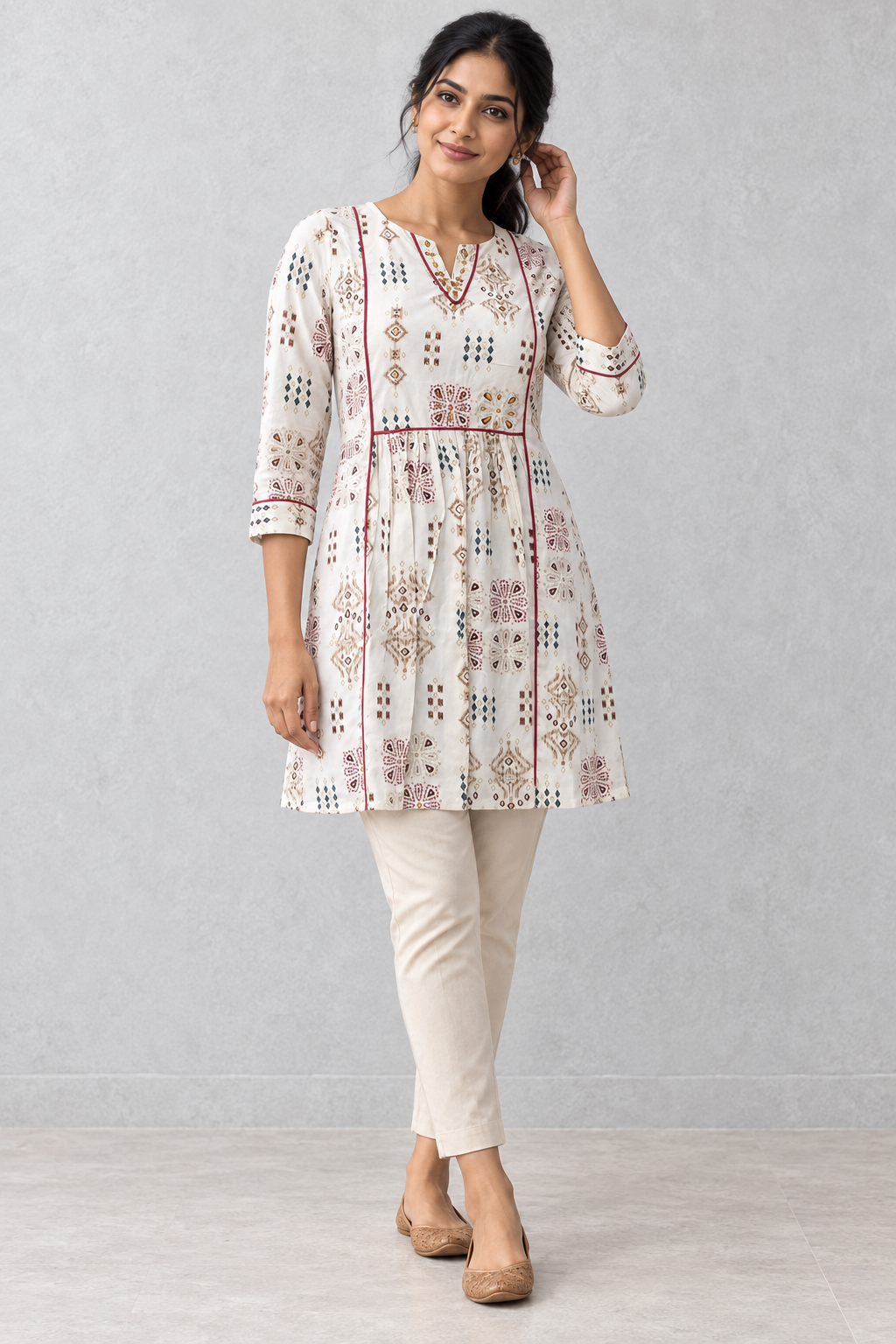 Peachmode White Rayon Ethnic Motif Printed A-Line Top - Image 1