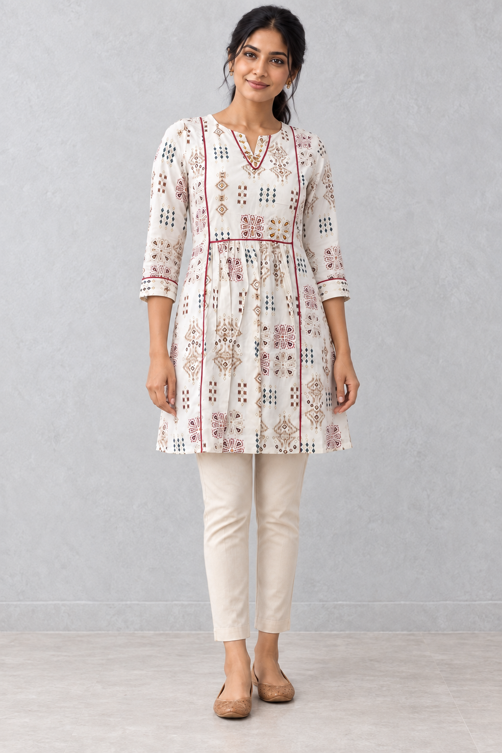 Peachmode White Rayon Ethnic Motif Printed A-Line Top - Image 2