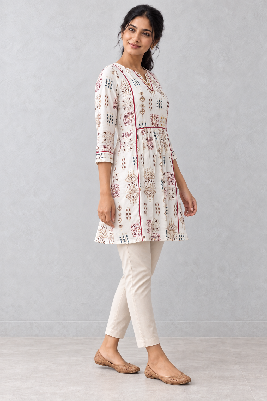 Peachmode White Rayon Ethnic Motif Printed A-Line Top - Image 3