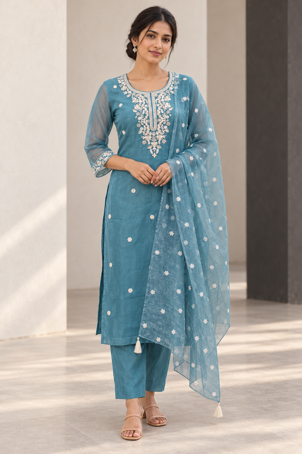 Peachmode Teal Organza Embroidered Salwar Suit - Image 1