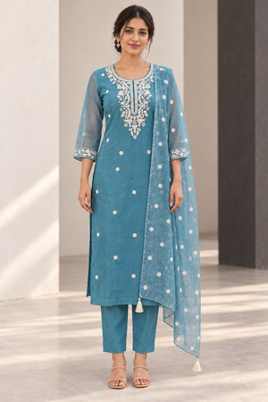Peachmode Teal Organza Embroidered Salwar Suit - Image 2
