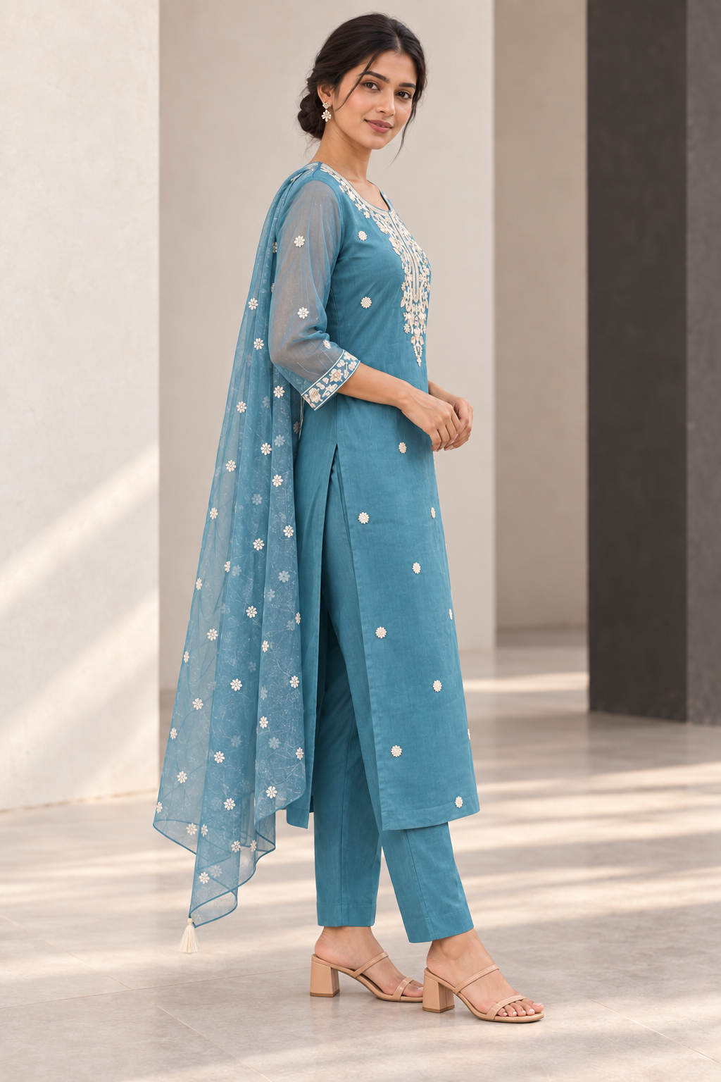 Peachmode Teal Organza Embroidered Salwar Suit - Image 3