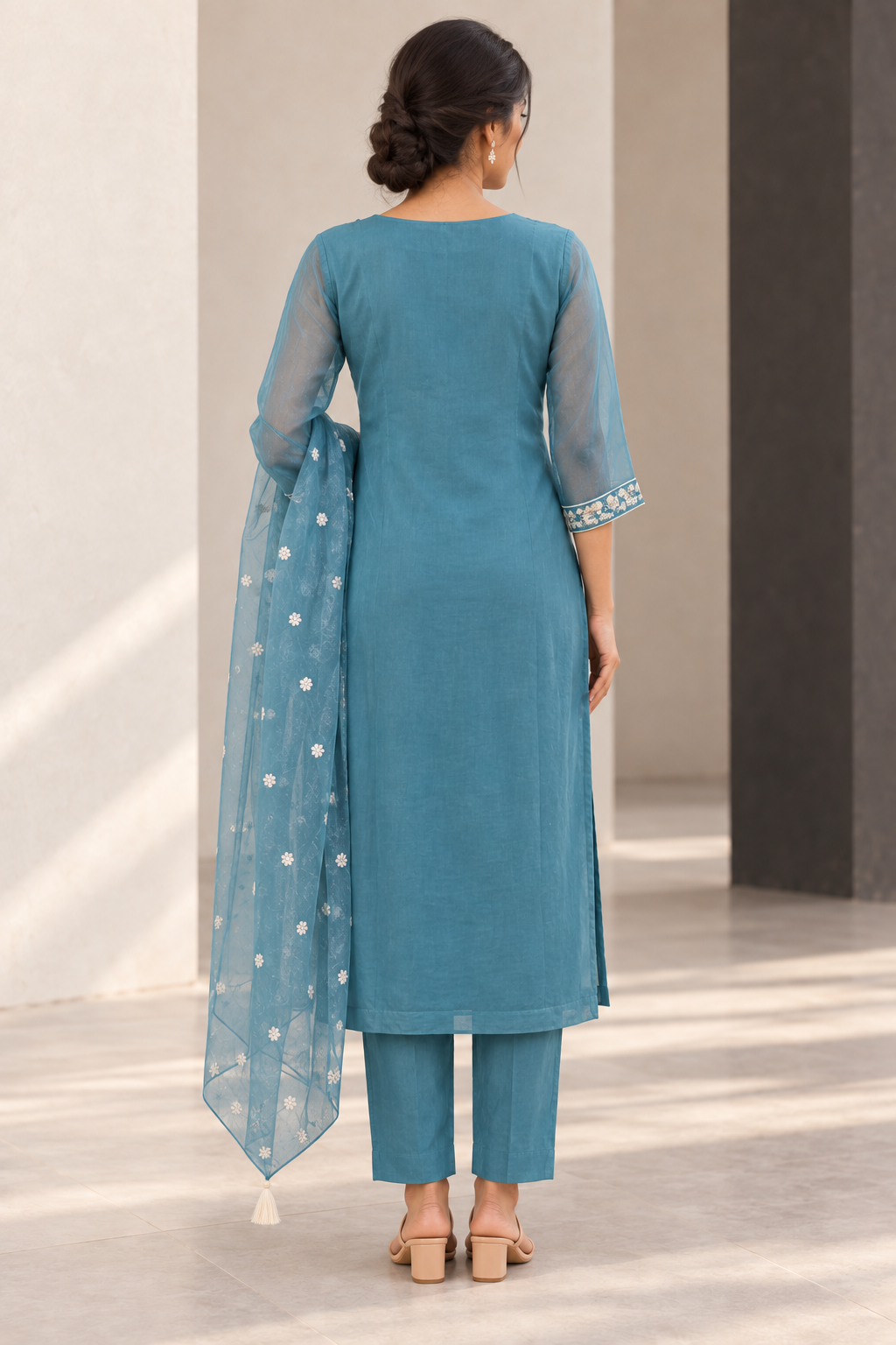 Peachmode Teal Organza Embroidered Salwar Suit - Image 4