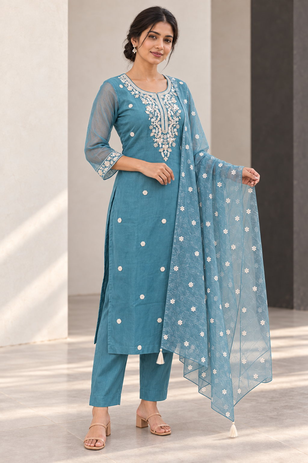 Peachmode Teal Organza Embroidered Salwar Suit - Image 5