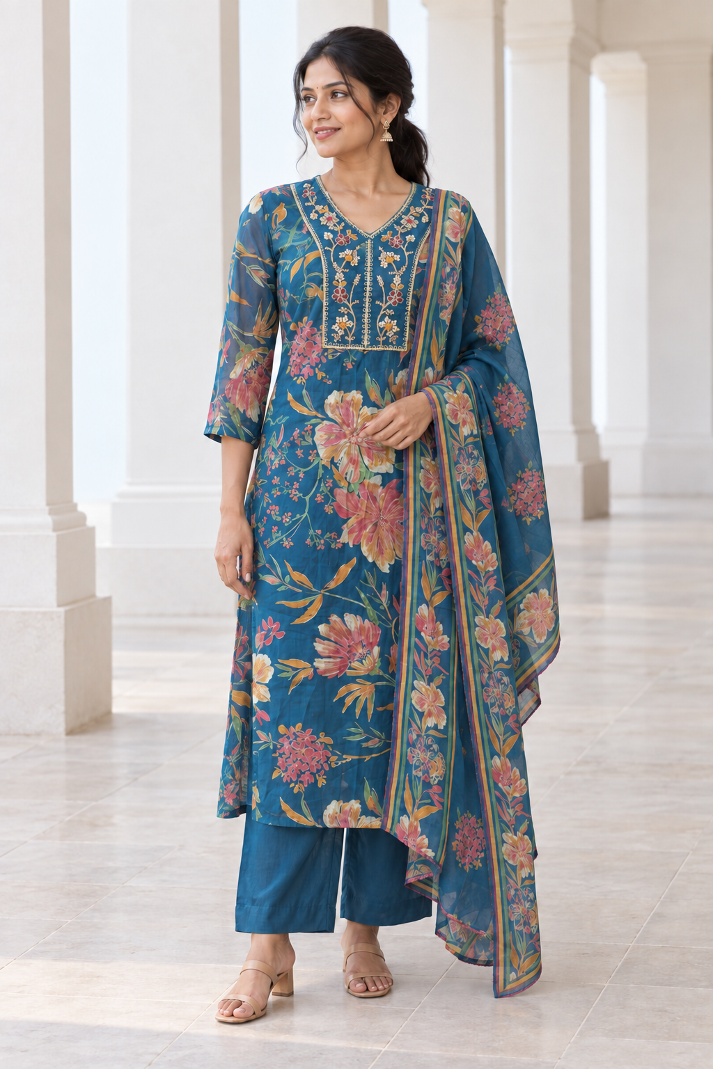 Peachmode Blue Chanderi Silk Floral Embroidered Salwar Suit - Image 1