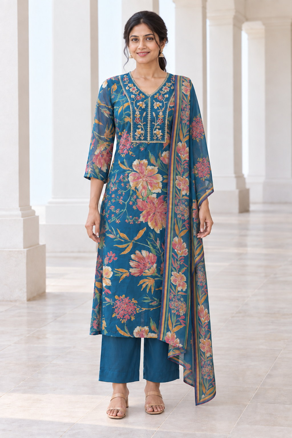 Peachmode Blue Chanderi Silk Floral Embroidered Salwar Suit - Image 2
