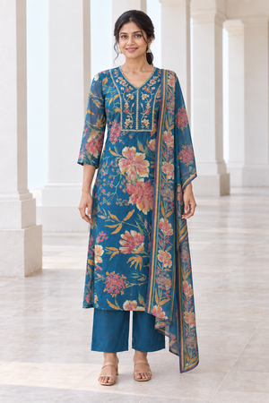 Peachmode Blue Chanderi Silk Floral Embroidered Salwar Suit - Image 2