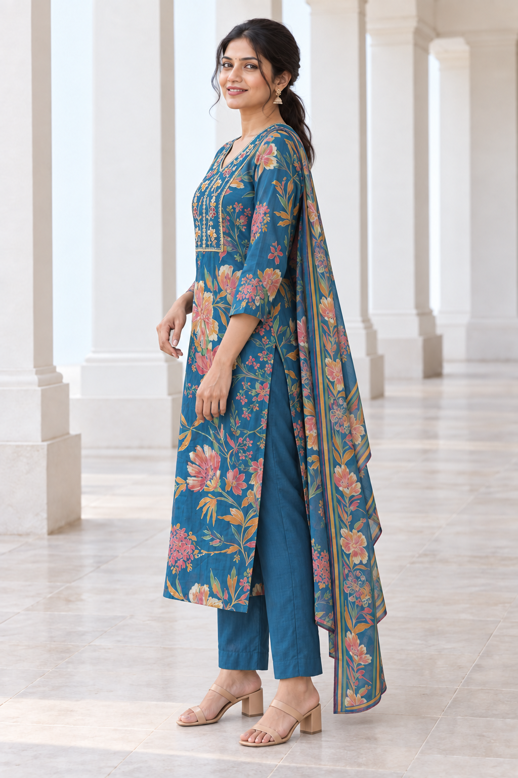 Peachmode Blue Chanderi Silk Floral Embroidered Salwar Suit - Image 3