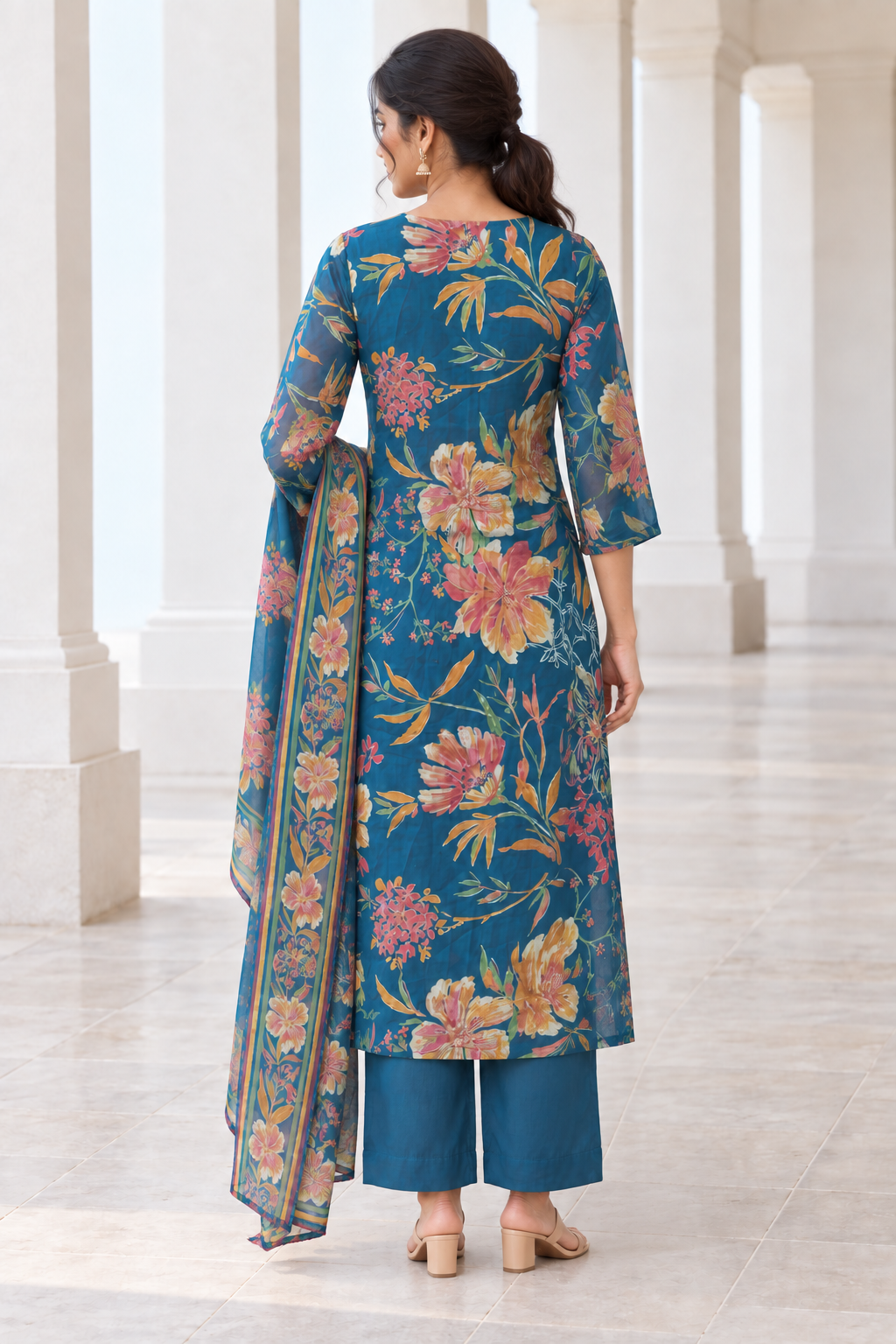 Peachmode Blue Chanderi Silk Floral Embroidered Salwar Suit - Image 4