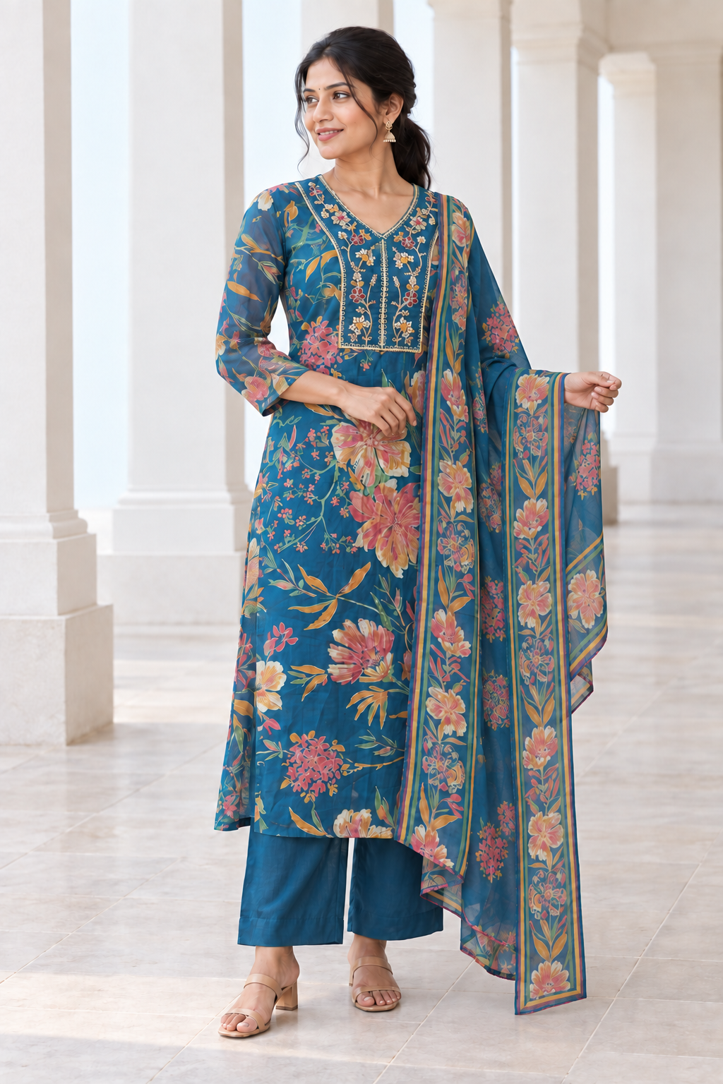 Peachmode Blue Chanderi Silk Floral Embroidered Salwar Suit - Image 5