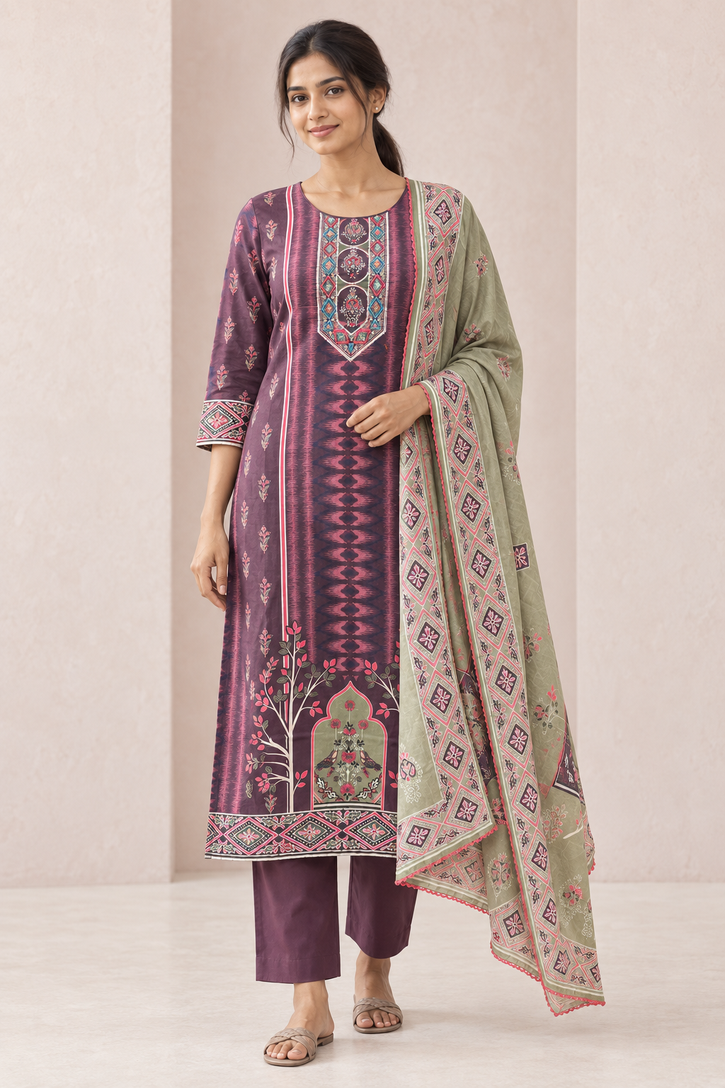 Peachmode Purple Pure Cotton Printed Embroidered Salwar Suit - Image 1