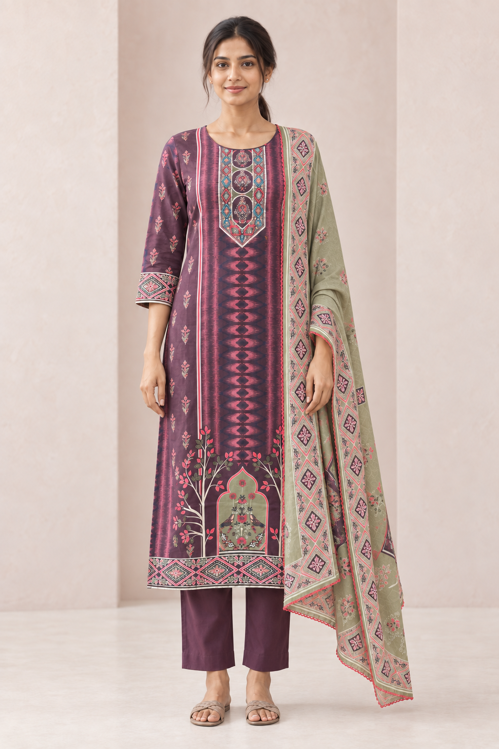 Peachmode Purple Pure Cotton Printed Embroidered Salwar Suit - Image 2