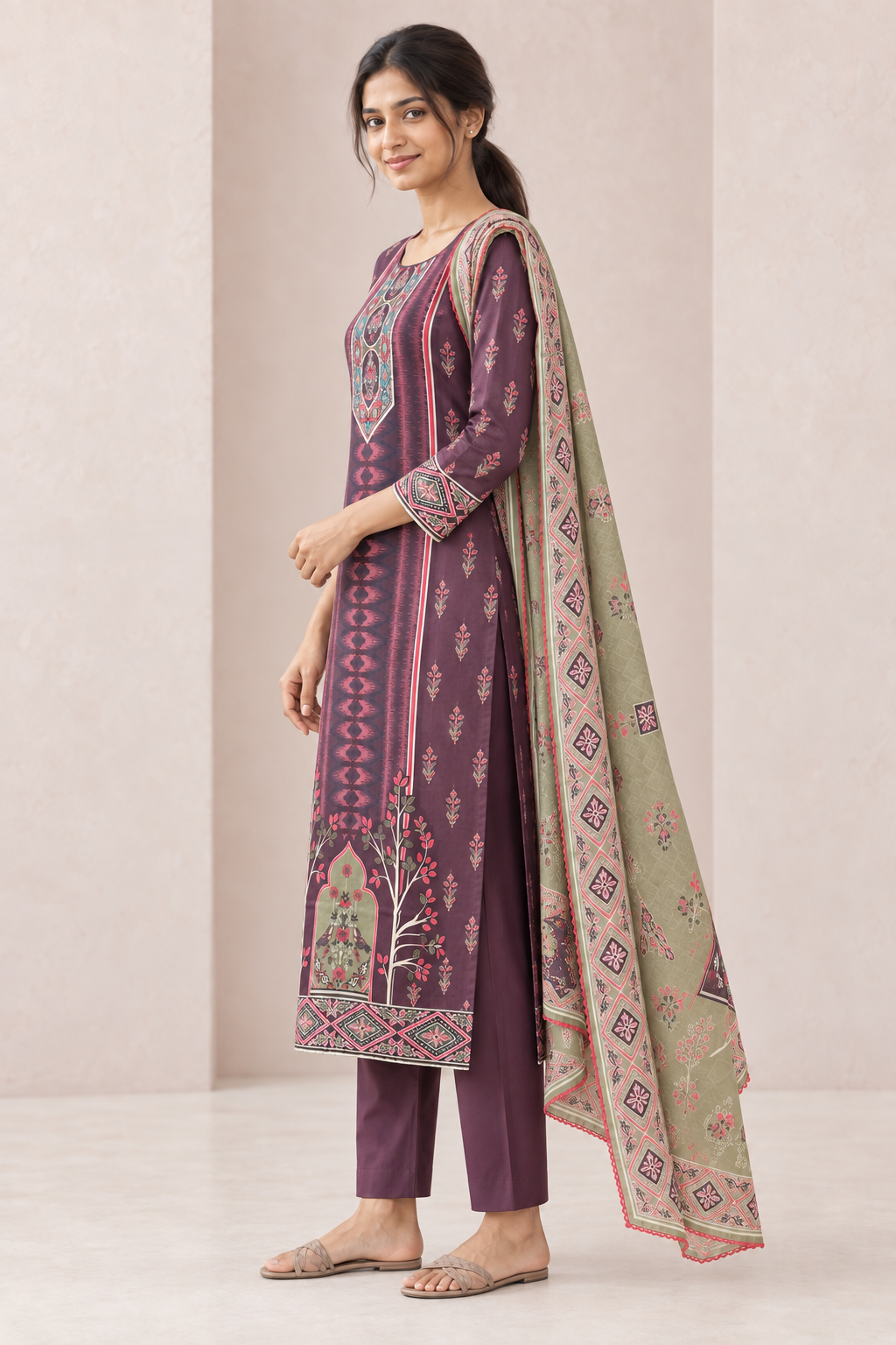 Peachmode Purple Pure Cotton Printed Embroidered Salwar Suit - Image 3
