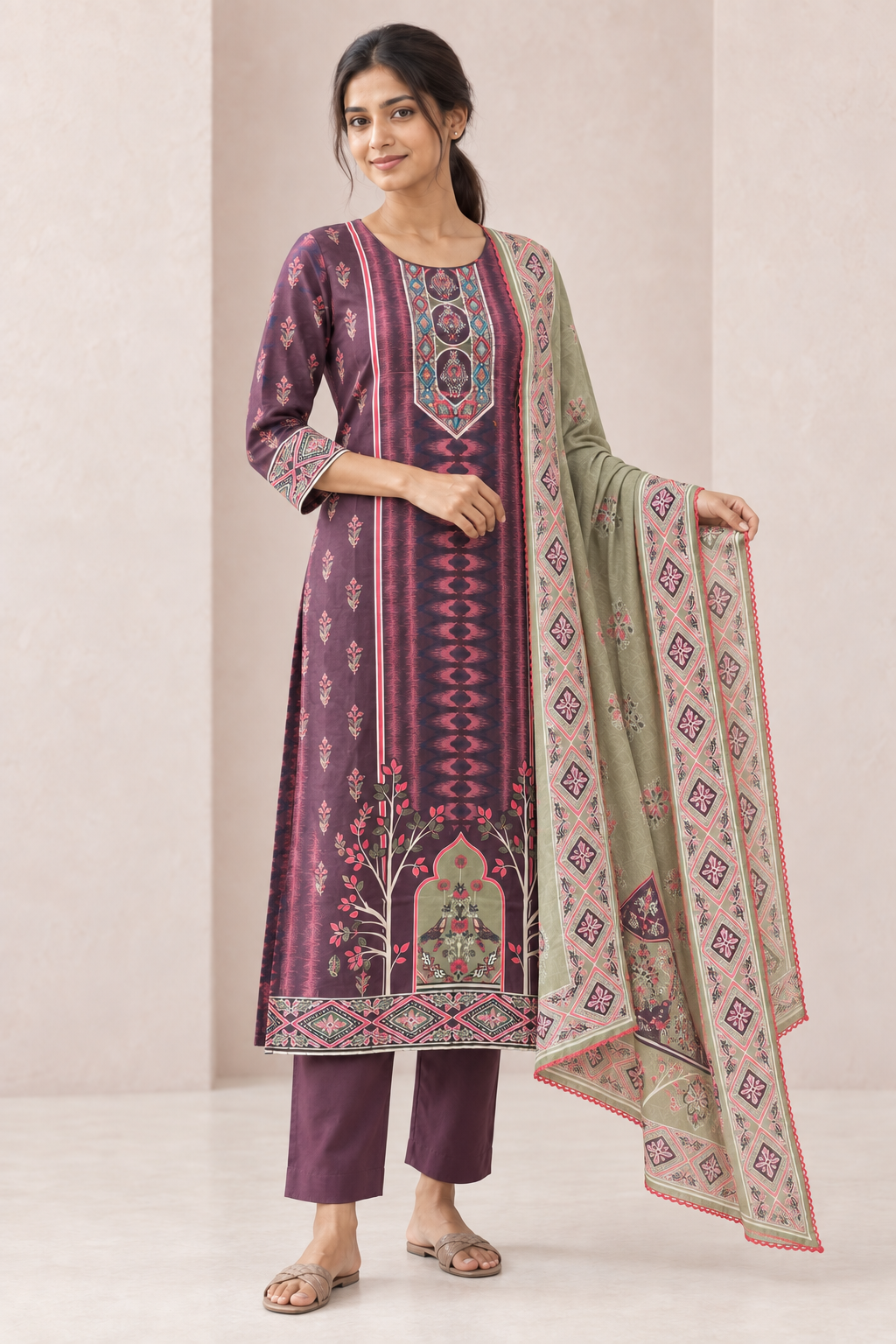 Peachmode Purple Pure Cotton Printed Embroidered Salwar Suit - Image 5
