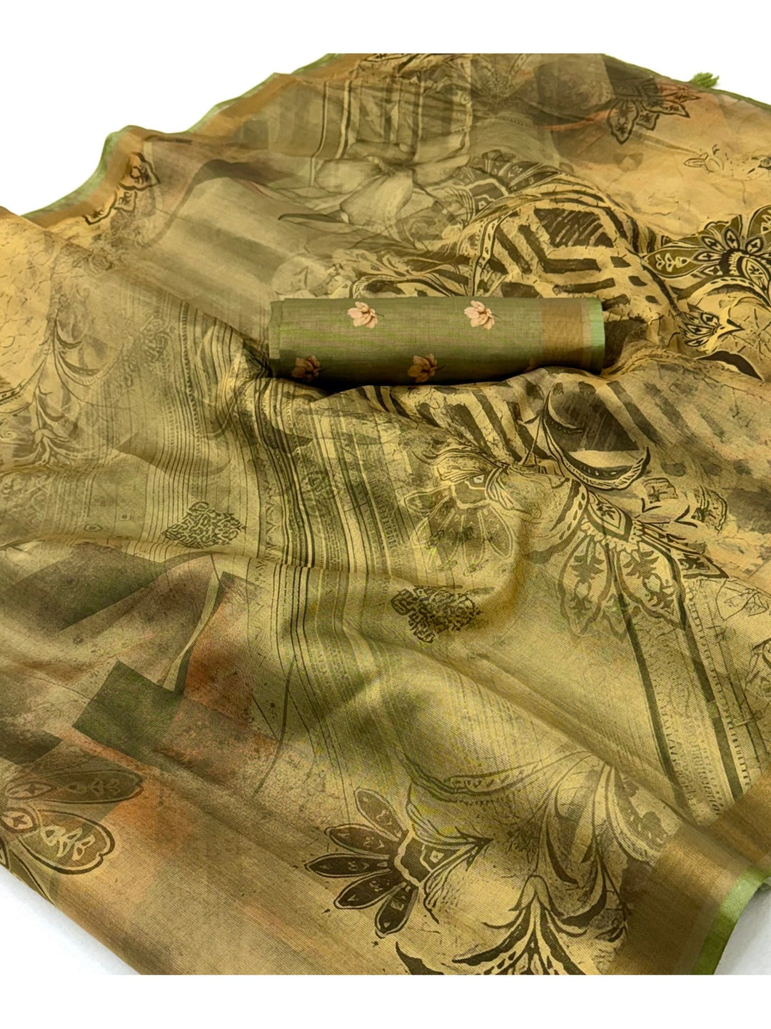Peachmode Olive Rashna Digital Printed Erode Silk Saree - Image 4