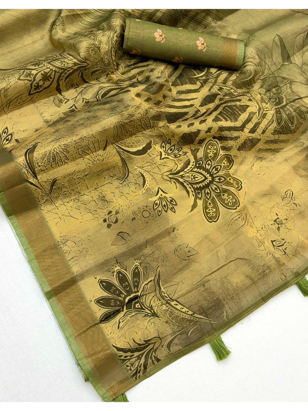 Peachmode Olive Rashna Digital Printed Erode Silk Saree - Image 5